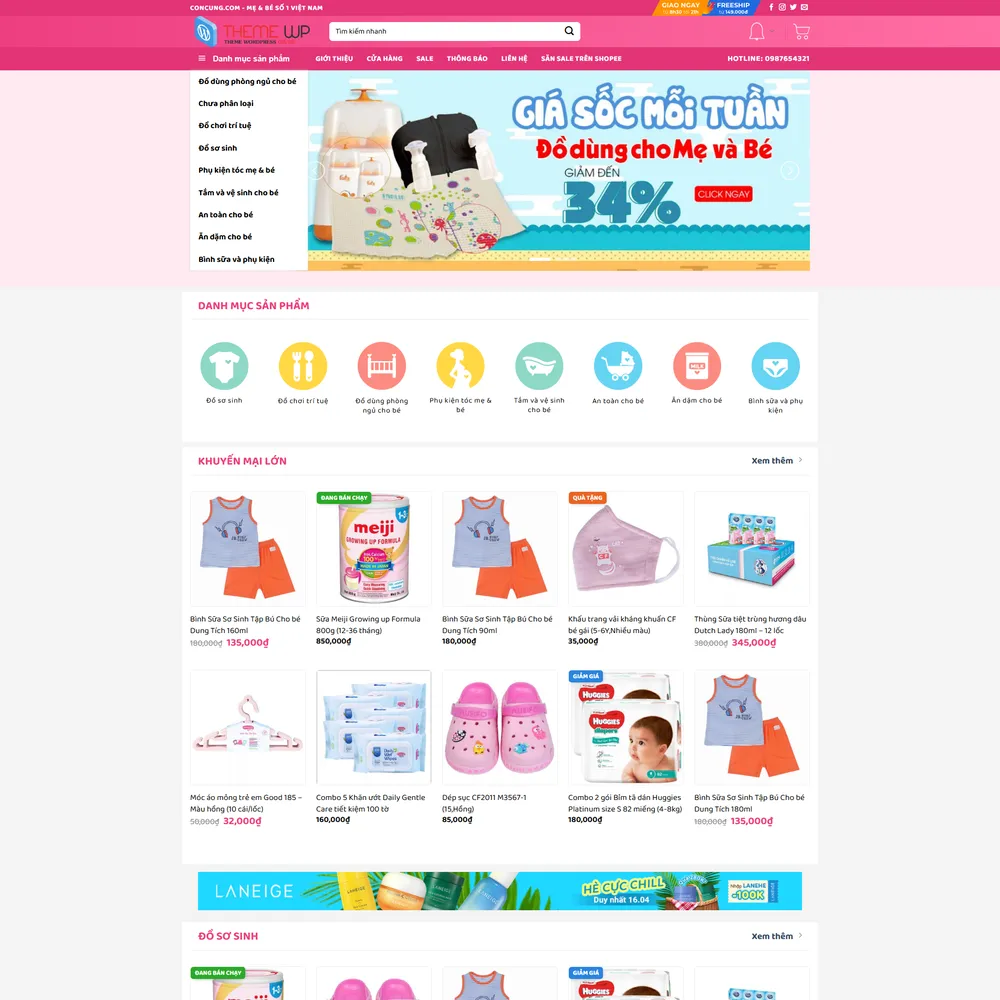 Mẫu website bách hóa, sữa, đồ trẻ em, đồ gia dụng M-132