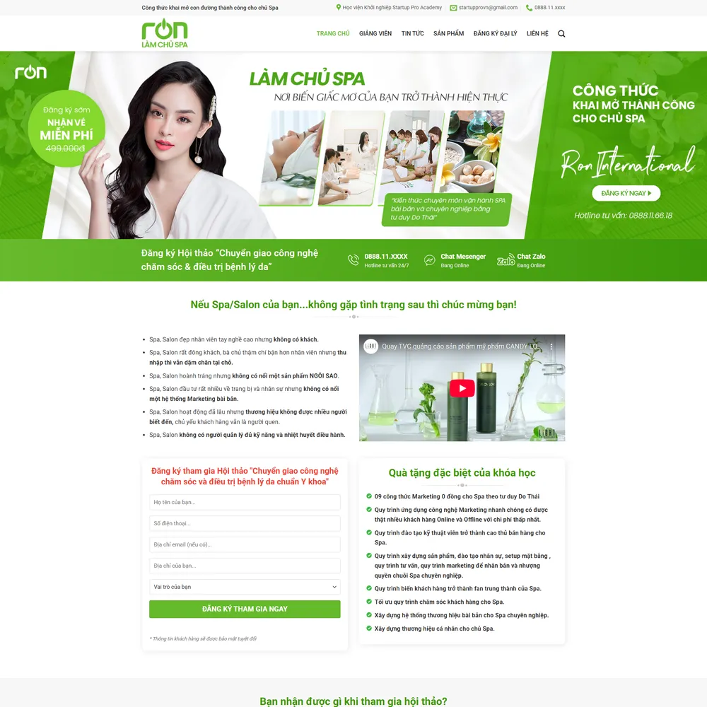 Mẫu website đào tạo nhượng quyền  spa RON INTERNATIONAL