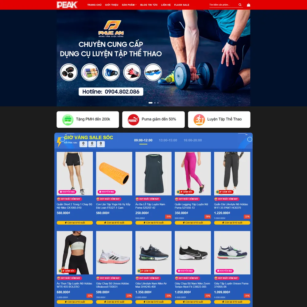 Mẫu website Đồ thể thao, bóng đá, bóng bàn, phụ kiện Peak Sport