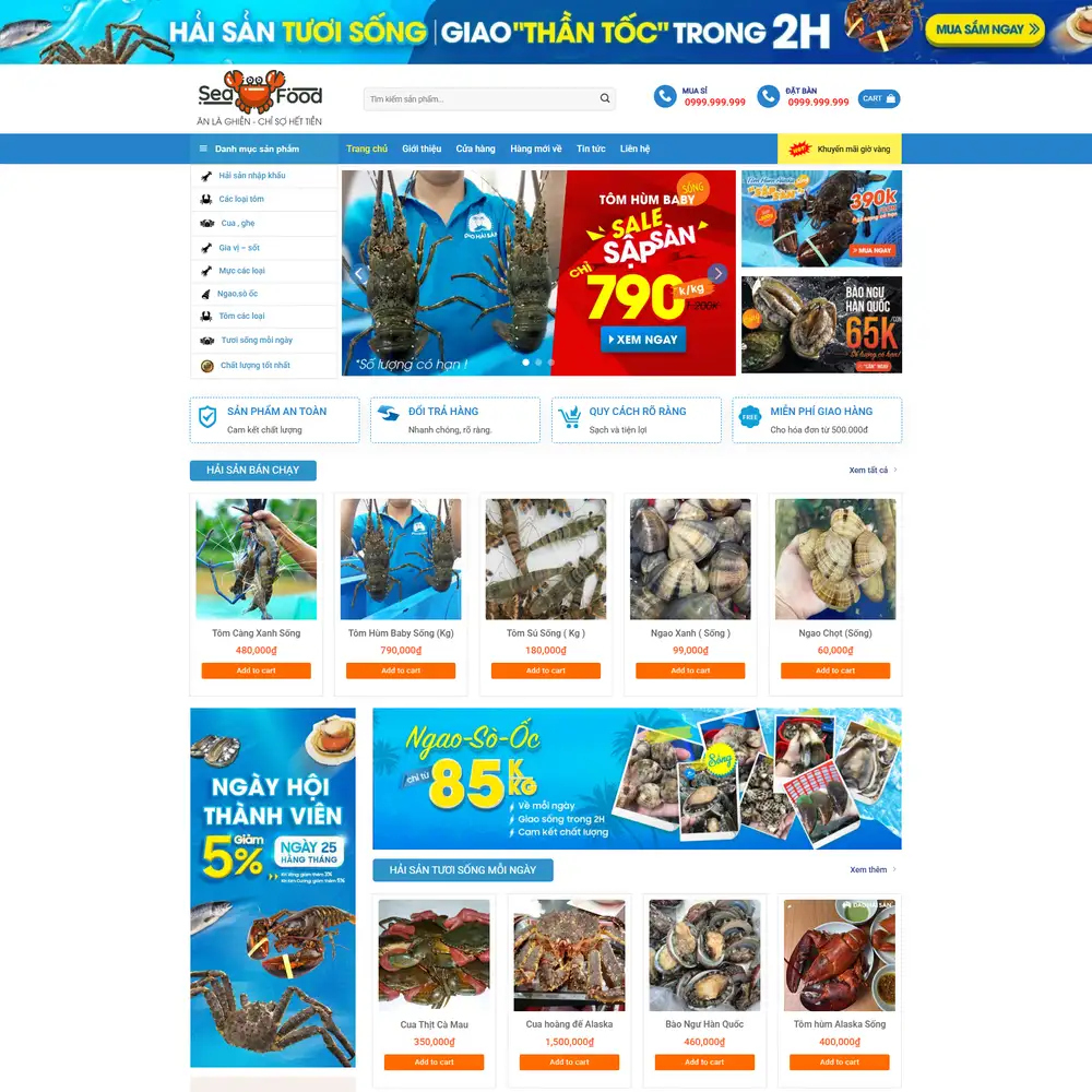 Mẫu website thực phẩm, hải sản, đồ tươi sống Làng Chài