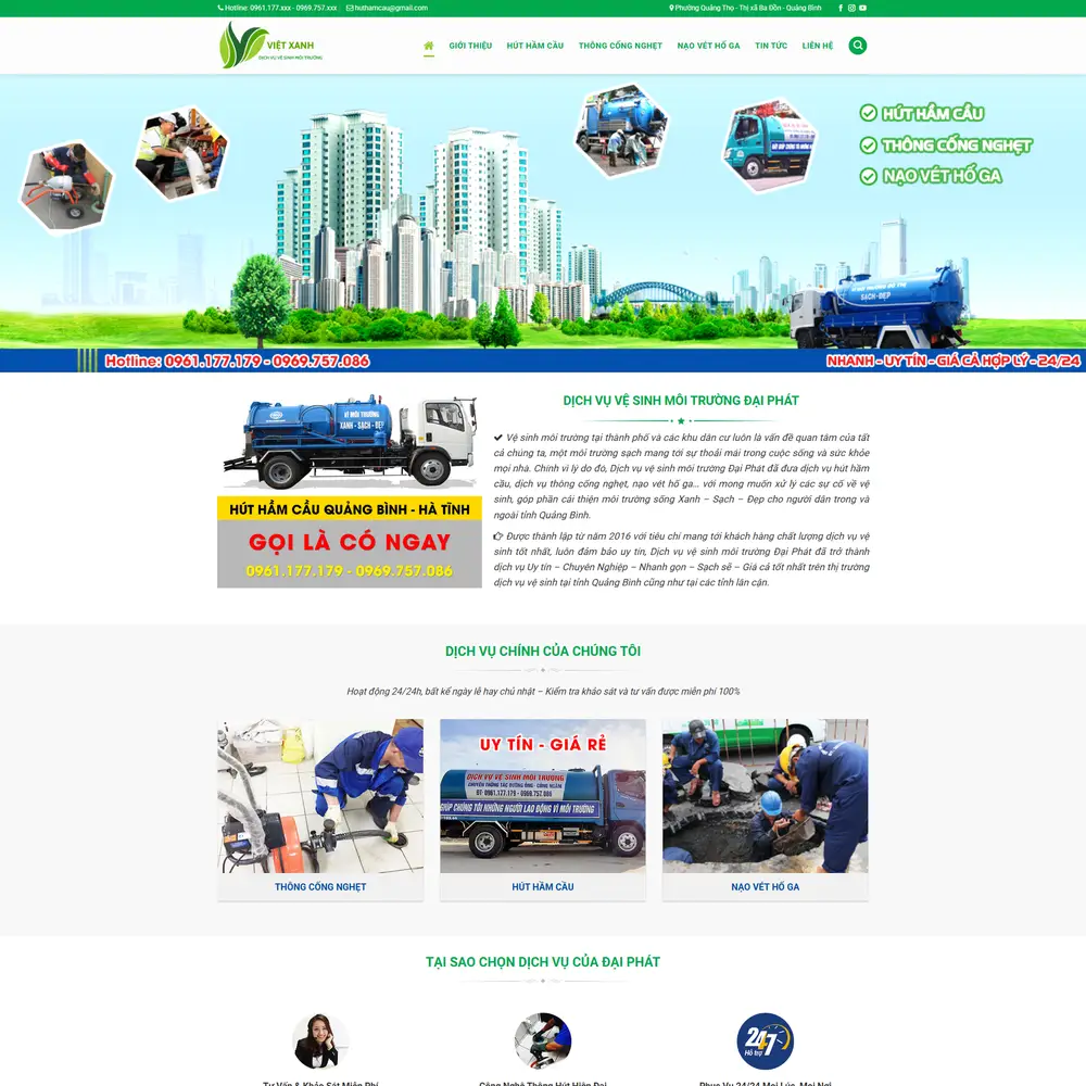 Mẫu website Dịch vụ vệ sinh môi trường, hút hầm cầu bể phốt Việt Xanh