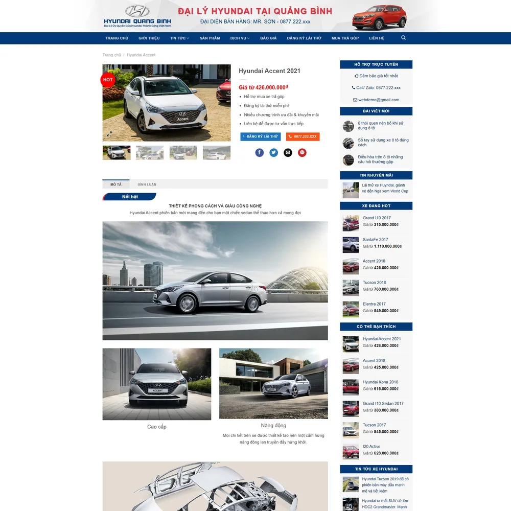 Mẫu website trưng bày giới thiệu sản phẩm Đại lý ô tô Hyundai Quảng Bình