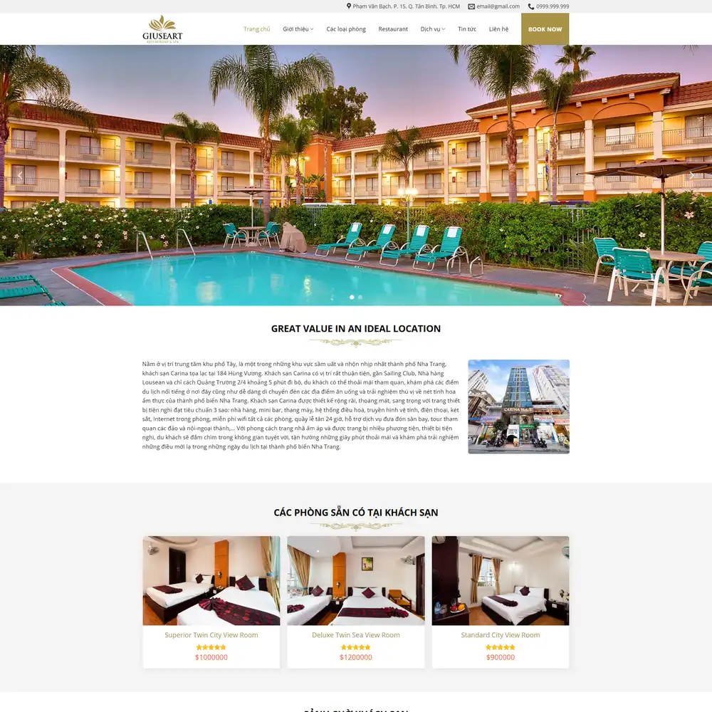 Mẫu website giới thiệu khách sạn đặt phòng online Carina