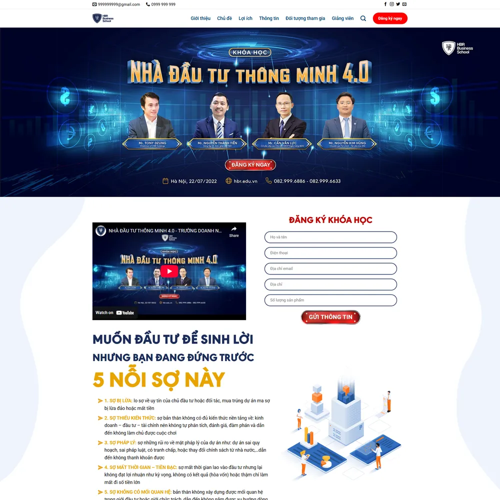 Mẫu website Landingpage Giới thiệu khóa học đầu tư 4.0 HBR School