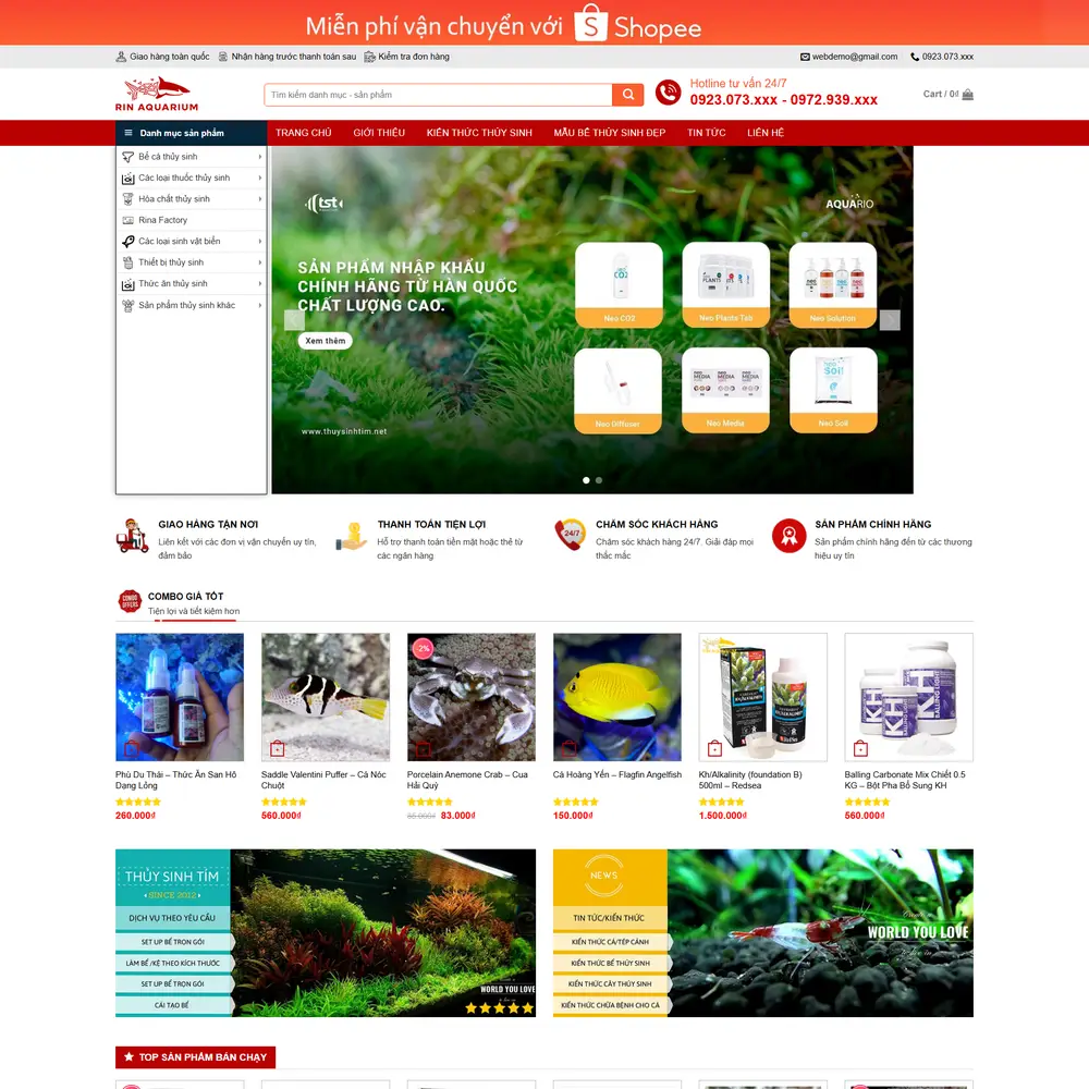 Mẫu website cá cảnh, thủy sinh, hồ cá RIN AQUA
