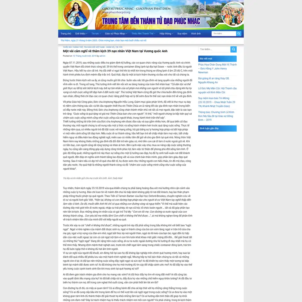 Mẫu website tin tức Công giáo Trung tâm Đền Thánh Tử đạo Phúc Nhạc
