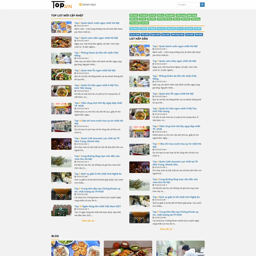 Mẫu website review top cửa hàng, quán ăn, review du lịch TOP List
