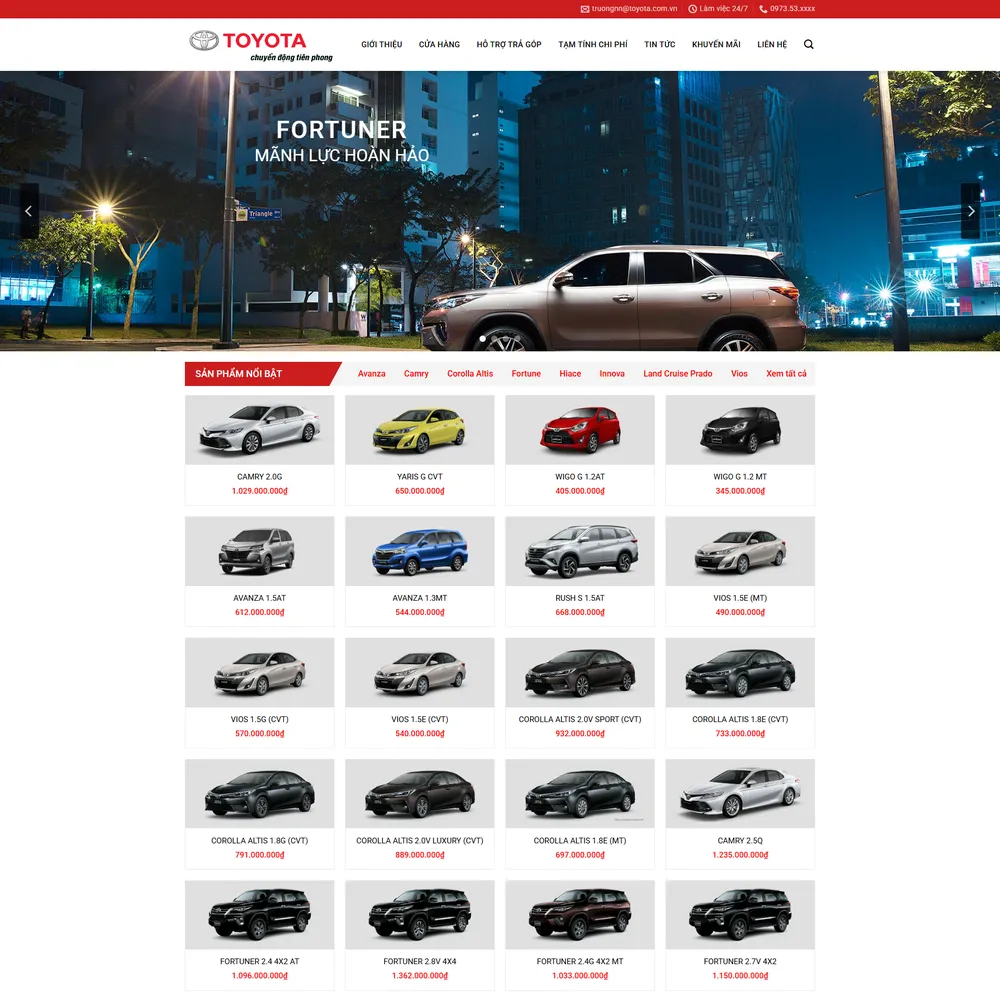 Mẫu website giới thiệu, trưng bày sản phẩm và bán xe Toyota Đà Nẵng