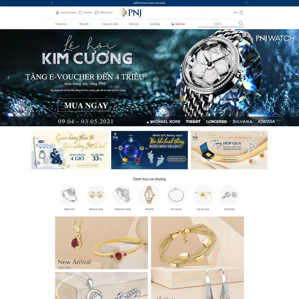 Mẫu website trang sức, vàng bạc, đá quý PNJ