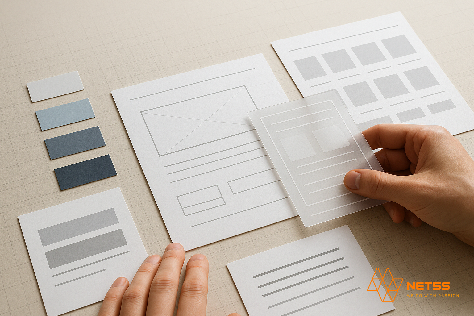 Bàn tay designer sắp xếp wireframe giấy, bảng màu và lớp giao diện số trên lưới thiết kế