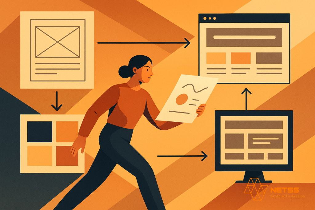 Minh họa quy trình phát triển từ brief đến concept, moodboard và giao diện website responsive