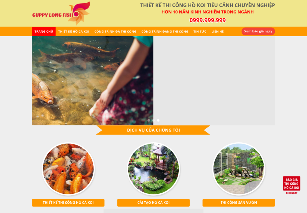 Mẫu website thiết kế hồ cá Koi và cảnh quan sân vườn