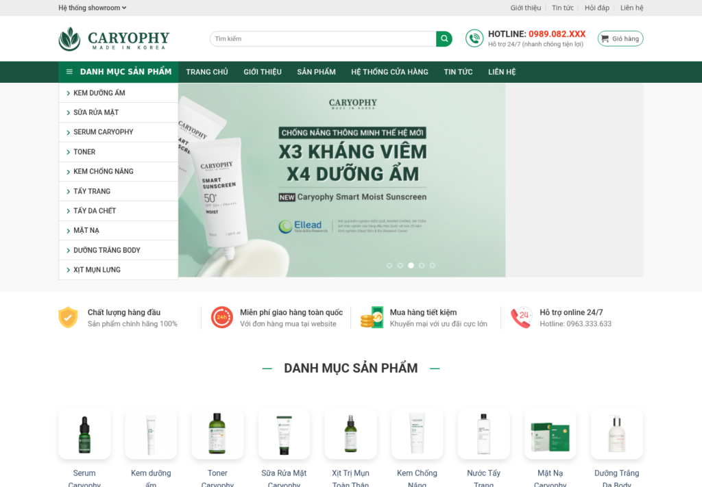 Mẫu website mỹ phẩm Caryophy