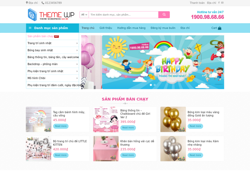 Mẫu website bán hàng trang trí tiệc và phụ kiện sinh nhật