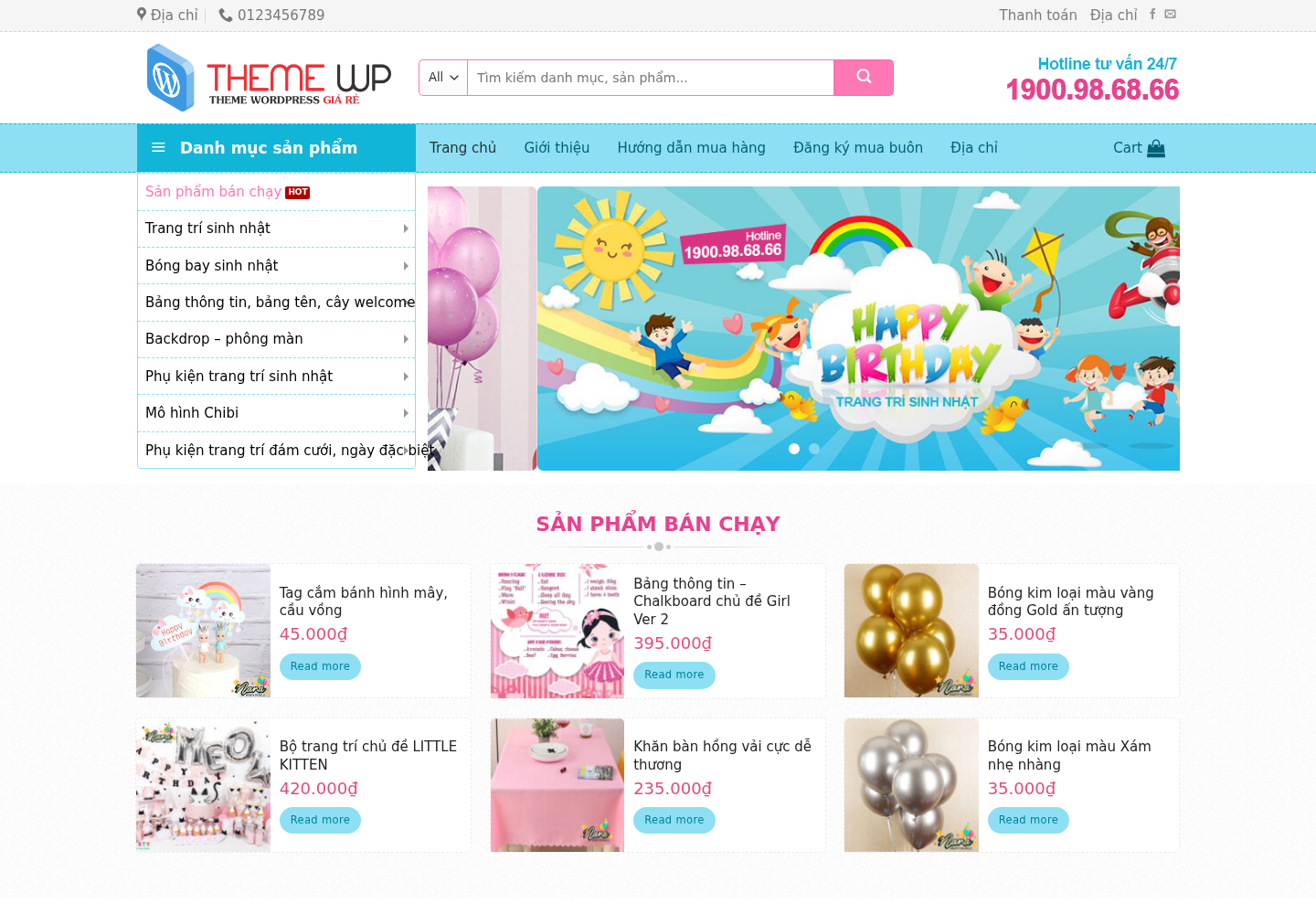 Mẫu website bán hàng trang trí tiệc và phụ kiện sinh nhật