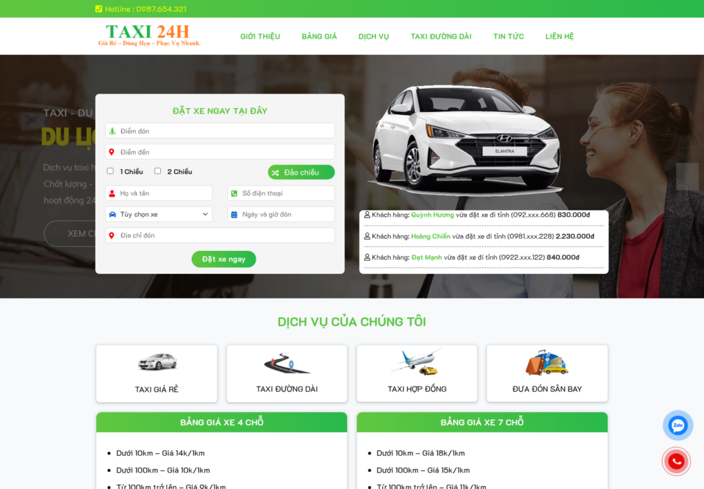 Mẫu website dịch vụ taxi 24h