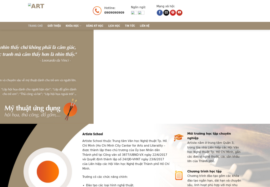 Mẫu website trung tâm đào tạo mỹ thuật Artiste