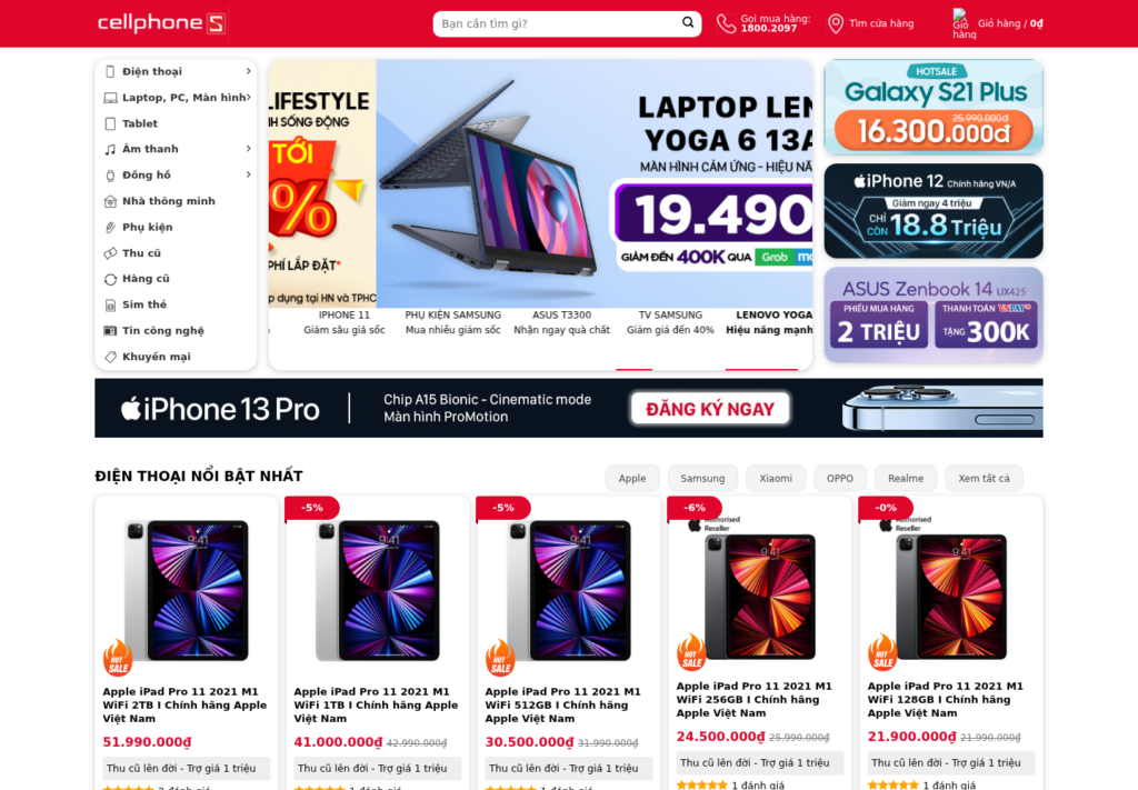 Mẫu website bán hàng điện thoại CellphoneS